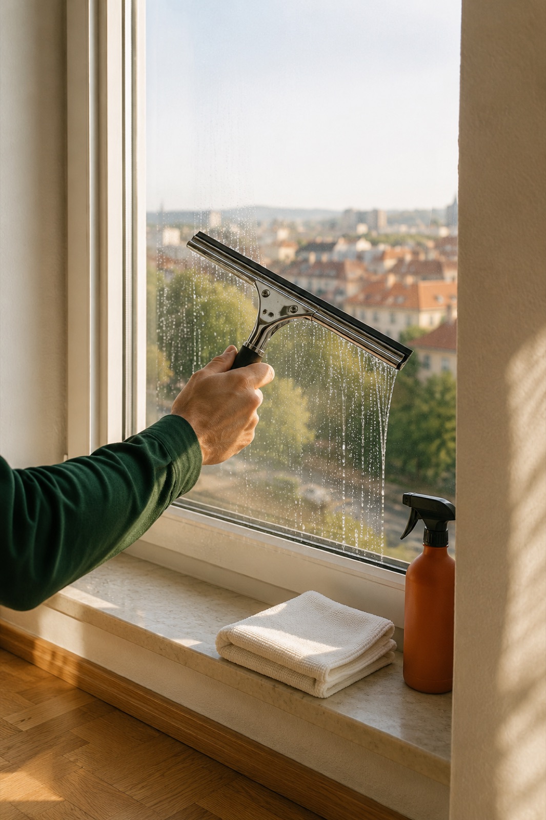 Bobri team member squeegeeing a window in a Maribor apartment
