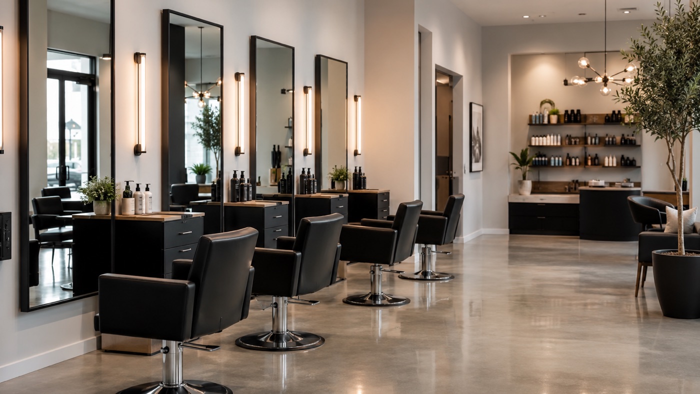 Čist, urejen frizerski salon z ogledali in delovnimi mesti