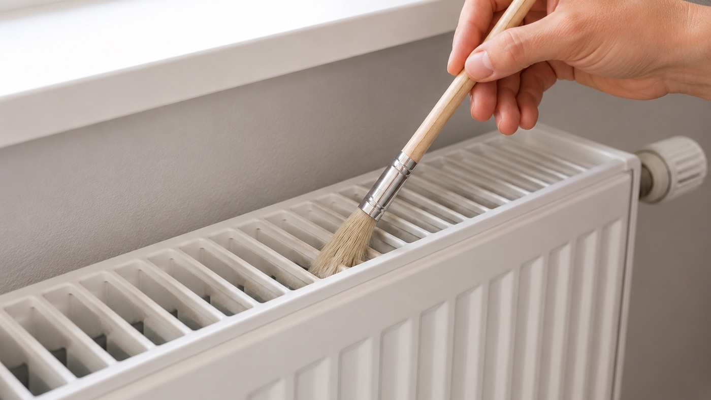 Čiščenje prahu med rebri belega radiatorja z ozko krtačo