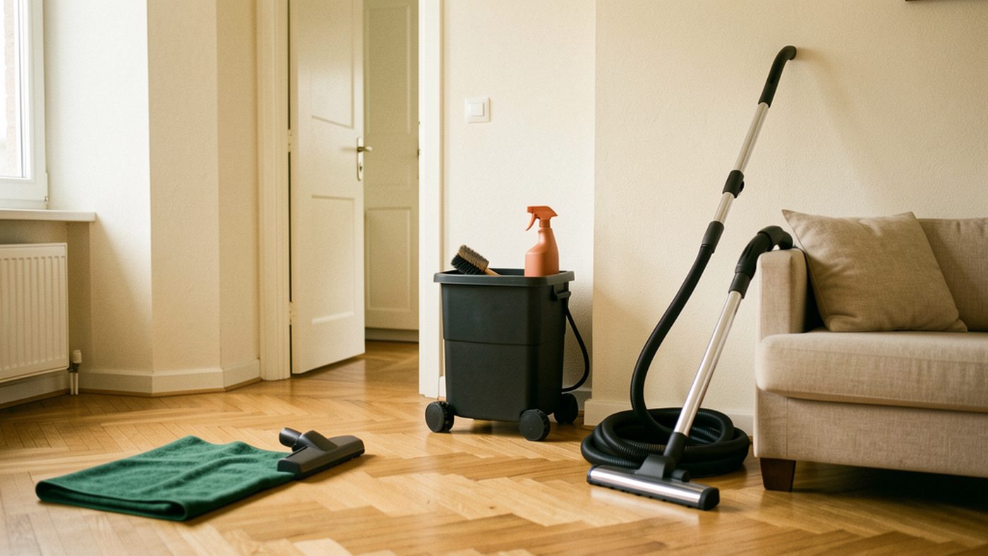 Urejena dnevna soba s čistilnimi pripomočki in ekstrakcijsko opremo za primerjavo rednega, generalnega in globinskega čiščenja